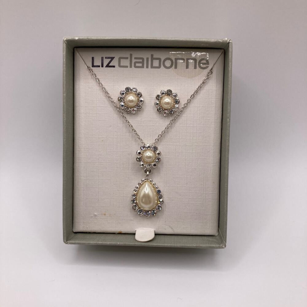 0076 Vintage 90s Liz Claiborne Faux Pearl & Rhinestone Drop Necklace & Earrings
